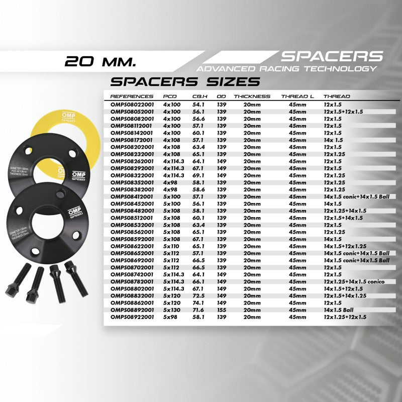 OMP SPACERS SET 20MM 4X108 63.4 M12X1.5