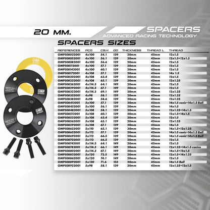OMP SPACERS SET 20MM 5X100 57.1 M14X1.5 CONIC+14X1.5 BALL