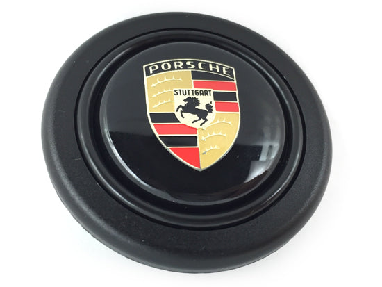 Porsche steering wheel button with classic finish shield for MOMO, SPARCO and OMP steering wheels.