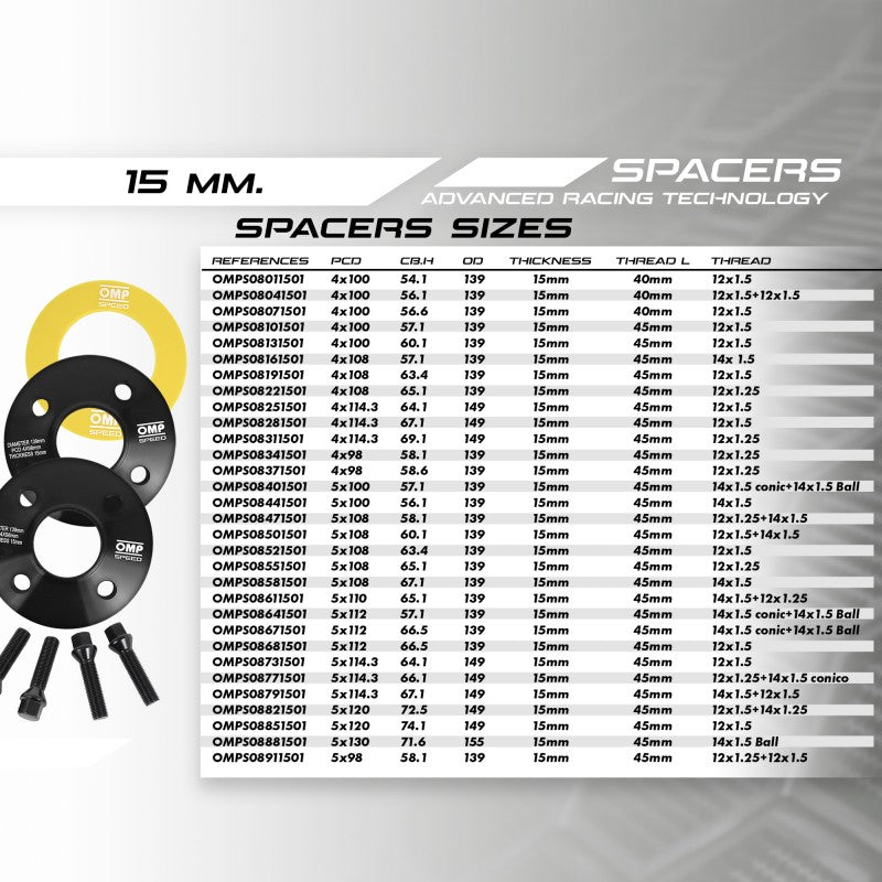 OMP SPACERS SET 15MM 4X100 56.6 M12X1.5