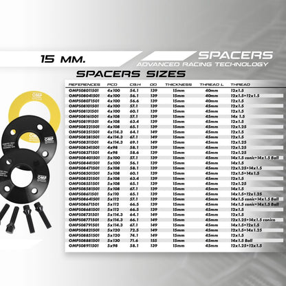 SET SPACERS OMP 15MM 4X100 56.1 M12X1.5+12X1.5