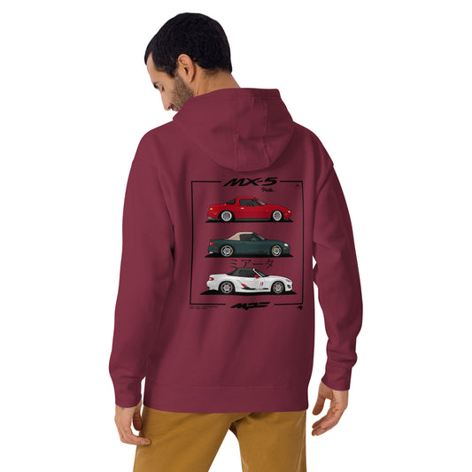 Sudadera con gorro unisex Cars&Pizza Mazda MX5 "Generation" "Miata"